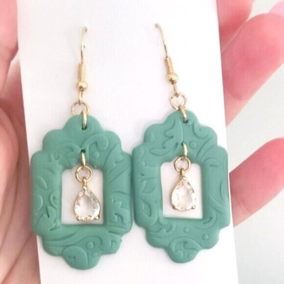 Boho Gold Plated Sage Green Embossed Pattern Crystal Drop Dangle Earrings - Picture 6 of 9